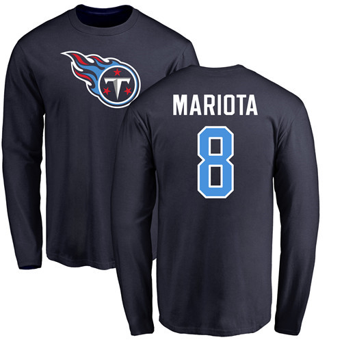 Tennessee Titans Men Navy Blue Marcus Mariota Name and Number Logo NFL Football #8 Long Sleeve T Shirt